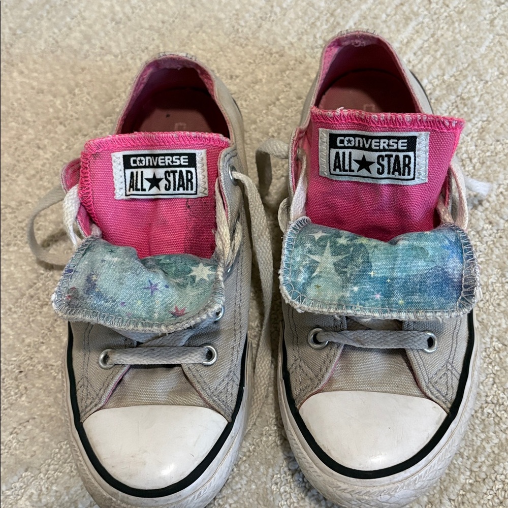 Converse Gray Neon Pink Star Print Double Tongue Girls Size 13
